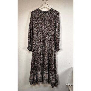 Lucky Brand Womens Border Floral Boho Midi Dress Large Black Pink Long Sleeve